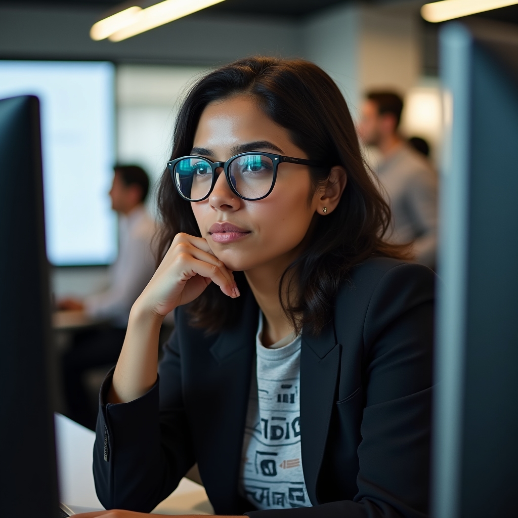 Person reflecting on financial decisions in modern workspace